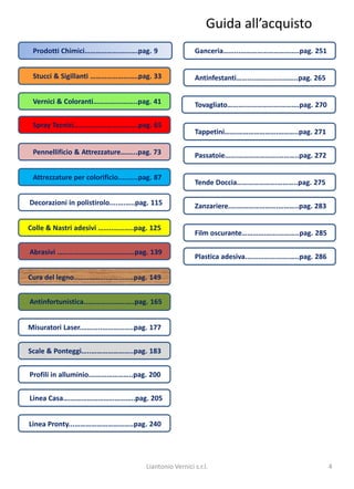 Guida all’acquisto
 Prodotti Chimici……………….……….pag. 9                      Ganceria……...…………………………..pag. 251


 Stucci & Sigillanti ……………………..pag. 33                  Antinfestanti……....…………………..pag. 265


 Vernici & Coloranti………….………..pag. 41                   Tovagliato……….……………….……….pag. 270

 Spray Tecnici……………………………..pag. 65
                                                        Tappetini…….………………….………..pag. 271

 Pennellificio & Attrezzature……...pag. 73               Passatoie…….………………….………..pag. 272

 Attrezzature per colorificio.....…..pag. 87
                                                        Tende Doccia………………….………..pag. 275

Decorazioni in polistirolo....….…..pag. 115             Zanzariere.….………………….………..pag. 283

Colle & Nastri adesivi ……..………..pag. 125
                                                        Film oscurante………….…….………..pag. 285

Abrasivi …………………….……………..pag. 139
                                                        Plastica adesiva.…………….…….…..pag. 286

Cura del legno..…………….…………..pag. 149


Antinfortunistica..….…….…………..pag. 165


Misuratori Laser.………..……………..pag. 177


Scale & Ponteggi…..…………………..pag. 183


Profili in alluminio.…………………..pag. 200


Linea Casa….……………………………..pag. 205


Linea Pronty...…………………………..pag. 240




                                      Liantonio Vernici s.r.l.                                  4
 