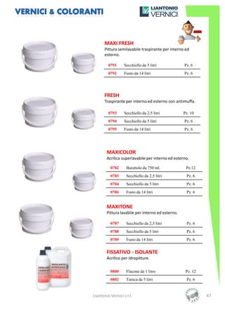 MAXI FRESH
       Pittura semilavabile traspirante per interno ed
       esterno.

         0791      Secchiello da 5 litri           Pz. 6
         0792      Fusto da 14 litri               Pz. 6




       FRESH
       Traspirante per interno ed esterno con antimuffa.

         0793      Secchiello da 2,5 litri         Pz. 10
         0794      Secchiello da 5 litri           Pz. 6
         0795      Fusto da 14 litri               Pz. 6




        MAXICOLOR
        Acrilica superlavabile per interno ed esterno.

          0782      Barattolo da 750 ml.            Pz.12
          0783      Secchiello da 2,5 litri         Pz. 6
          0784      Secchiello da 5 litri           Pz. 6
          0786      Fusto da 14 litri               Pz. 6


        MAXITONE
        Pittura lavabile per interno ed esterno.

          0787      Secchiello da 2,5 litri         Pz. 6
          0788      Secchiello da 5 litri           Pz. 6
          0789      Fusto da 14 litri               Pz. 6


        FISSATIVO - ISOLANTE
        Acrilico per idropitture.

          0800      Flacone da 1 litro              Pz. 12
          0802      Tanica da 5 litri               Pz. 6


Liantonio Vernici s.r.l.                                     47
 