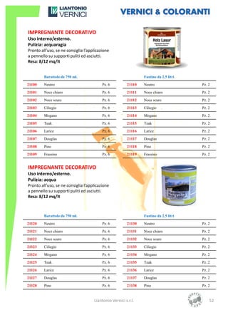 IMPREGNANTE DECORATIVO
Uso interno/esterno.
Pulizia: acquaragia
Pronto all’uso, se ne consiglia l’applicazione
a pennello su supporti puliti ed asciutti.
Resa: 8/12 mq/lt


         Barattolo da 750 ml.                                   Fustino da 2,5 litri

21100    Neutro                           Pz. 6         21110   Neutro                 Pz. 2

21101    Noce chiaro                      Pz. 6         21111   Noce chiaro            Pz. 2

21102    Noce scuro                       Pz. 6         21112   Noce scuro             Pz. 2

21103    Ciliegio                         Pz. 6         21113   Ciliegio               Pz. 2

21104    Mogano                           Pz. 6         21114   Mogano                 Pz. 2

21105    Teak                             Pz. 6         21115   Teak                   Pz. 2

21106    Larice                           Pz. 6         21116   Larice                 Pz. 2

21107    Douglas                          Pz. 6         21117   Douglas                Pz. 2

21108    Pino                             Pz. 6         21118   Pino                   Pz. 2

21109    Frassino                         Pz. 6         21119   Frassino               Pz. 2


IMPREGNANTE DECORATIVO
Uso interno/esterno.
Pulizia: acqua
Pronto all’uso, se ne consiglia l’applicazione
a pennello su supporti puliti ed asciutti.
Resa: 8/12 mq/lt



         Barattolo da 750 ml.                                   Fustino da 2,5 litri

21120    Neutro                           Pz. 6         21130   Neutro                 Pz. 2

21121    Noce chiaro                      Pz. 6         21131   Noce chiaro            Pz. 2

21122    Noce scuro                       Pz. 6         21132   Noce scuro             Pz. 2

21123    Ciliegio                         Pz. 6         21133   Ciliegio               Pz. 2

21124    Mogano                           Pz. 6         21134   Mogano                 Pz. 2

21125    Teak                             Pz. 6         21135   Teak                   Pz. 2

21126    Larice                           Pz. 6         21136   Larice                 Pz. 2

21127    Douglas                          Pz. 6         21137   Douglas                Pz. 2

21128    Pino                             Pz. 6         21138   Pino                   Pz. 2


                                     Liantonio Vernici s.r.l.                              52
 