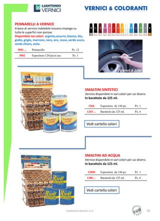 PENNARELLI A VERNICE
A base di vernice indelebile trovano impiego su
tutte le superfici non porose.
Disponibile nei colori: argento,azzurro, bianco, blu,
giallo, grigio, marrone, nero, oro, rosso, verde scuro,
verde chiaro, viola.
  3001…      Pennarello                      Pz. 12
   3002      Espositore 120 pezzi ass.        Pz. 1




                                                          SMALTINI SINTETICI
                                                          Vernice disponibile in vari colori per usi diversi.
                                                          In barattolo da 125 ml.

                                                            1266      Espositore da 144 pz.        Pz. 1
                                                           1265…      Barattolo da 125 ml.         Pz. 6



                                                           Vedi cartella colori




                                                          SMALTINI AD ACQUA
                                                          Vernice disponibile in vari colori per usi diversi.
                                                          In barattolo da 125 ml.

                                                            12800     Espositore da 144 pz.        Pz. 1
                                                           1280…      Barattolo da 125 ml.         Pz. 6



                                                           Vedi cartella colori




                                         Liantonio Vernici s.r.l.                                               56
 