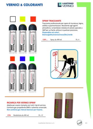 SPRAY TRACCIANTE
                                                Tracciante professionale per opere di muratura, legno,
                                                asfalto e pavimentazioni. Resistente agli agenti
                                                atmosferici, la bombola è dotata di valvola speciale a
                                                360°per un facile utilizzo in qualsiasi posizione.
                                                Disponibile nei colori:
                                                bianco/giallo/arancio/rosso/blu/verde

                                                 1285…      Spray da 400 ml.               Pz. 6




RICARICA PER VERNICI SPRAY
Adatta per essere riempita con tutti i tipi di vernice.
Contiene gas propellente DME e solvente universale.
Non contiene gas ritenuti dannosi per l’ozono.

1296    Bomboletta da 400 ml.              Pz. 12



                                           Liantonio Vernici s.r.l.                                      61
 