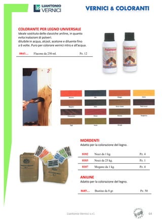 COLORANTE PER LEGNO UNIVERSALE
Ideale sostituto delle classiche aniline, in quanto
evita inalazioni di polveri.
diluibile in acqua, alcool, acetone e diluente fino
a 6 volte. Puro per colorare vernici nitro e all’acqua.

0843…       Flacone da 250 ml.                   Pz. 12




                                                  MORDENTI
                                                  Adatto per la colorazione del legno.

                                                   8182       Noce da 1 kg.              Pz. 4

                                                   8183       Noce da 25 kg.             Pz. 1

                                                   8187       Mogano da 1 kg.            Pz. 4


                                                  ANILINE
                                                  Adatto per la colorazione del legno.

                                                  8685…       Bustine da 8 gr.           Pz. 50




                                       Liantonio Vernici s.r.l.                                   64
 