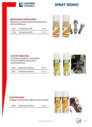 SBLOCCANTE EXTRA FORTE
 Sbloccante universale ad alto potere penetrante,
 sblocca le filettature.

   1217      Bomboletta da 400              Pz. 12

   1216      Bomboletta da 200              Pz. 12




 OLIO DI VASELLINA
 Lubrificante, protettivo, in bomboletta.
 Per parti metalliche e guarnizioni.
 Linea Professionale

   8310     Bomboletta da 200 ml.           Pz. 12

   8311     Bomboletta da 400 ml.           Pz. 12




OLIO PER ARMI
Protegge e previene dalla ruggine e dalla corrosione.


   8318     Bomboletta da 200 ml.           Pz. 12




                                      Liantonio Vernici s.r.l.   68
 