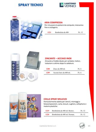 ARIA COMPRESSA
       Per rimuovere la polvere da computer, meccanica
       fine e orologeria.

           1221       Bomboletta da 400             Pz. 12




       ZINCANTE – ACCIAIO INOX
       Zincante a freddo ideale per serbatoi, tralicci,
       tubazioni e ottimo dopo le saldature.

         1288      Zinco da 400 ml.                Pz. 6

         1289      Acciaio Inox da 400 ml.         Pz. 6




     COLLA SPRAY MILLEUSI
     Particolarmente adatta per stencil, montaggi e
     fotocomposizioni, carta, tessuti, sughero, cellophane e
     materie plastiche.

        1219      Bomboletta da 400 ml. Remov.            Pz. 12

        1220      Bomboletta da 400 ml. Perman,           Pz. 12




Liantonio Vernici s.r.l.                                           69
 