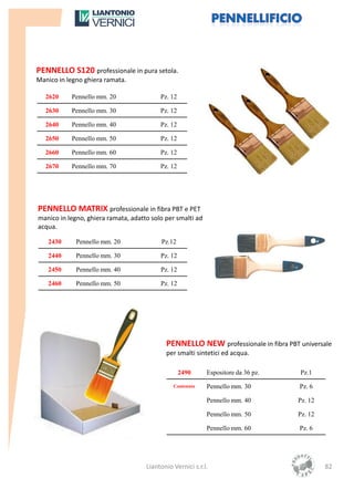 PENNELLO S120 professionale in pura setola.
Manico in legno ghiera ramata.

   2620    Pennello mm. 20                Pz. 12

   2630    Pennello mm. 30                Pz. 12

   2640    Pennello mm. 40                Pz. 12

   2650    Pennello mm. 50                Pz. 12

   2660    Pennello mm. 60                Pz. 12

   2670    Pennello mm. 70                Pz. 12




PENNELLO MATRIX professionale in fibra PBT e PET
manico in legno, ghiera ramata, adatto solo per smalti ad
acqua.

   2430      Pennello mm. 20              Pz.12

   2440      Pennello mm. 30              Pz. 12

   2450      Pennello mm. 40              Pz. 12

   2460      Pennello mm. 50              Pz. 12




                                            PENNELLO NEW professionale in fibra PBT universale
                                            per smalti sintetici ed acqua.

                                                   2490     Espositore da 36 pz.    Pz.1

                                               Contenuto    Pennello mm. 30         Pz. 6

                                                            Pennello mm. 40        Pz. 12

                                                            Pennello mm. 50        Pz. 12

                                                            Pennello mm. 60         Pz. 6




                                     Liantonio Vernici s.r.l.                               82
 