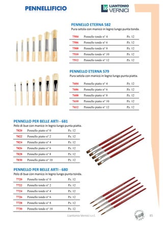 PENNELLO ETERNA 582
                                           Pura setola con manico in legno lungo punta tonda.

                                            7504      Pennello tondo n° 4          Pz. 12
                                            7506      Pennello tondo n° 6          Pz. 12
                                            7508      Pennello tondo n° 8          Pz. 12
                                            7510      Pennello tondo n° 10         Pz. 12
                                            7512      Pennello tondo n° 12         Pz. 12


                                         PENNELLO ETERNA 579
                                         Pura setola con manico in legno lungo punta piatta.

                                            7604      Pennello piatto n° 4         Pz. 12
                                            7606      Pennello piatto n° 6         Pz. 12
                                            7608      Pennello piatto n° 8         Pz. 12
                                            7610      Pennello piatto n° 10        Pz. 12
                                            7612      Pennello piatto n° 12        Pz. 12



PENNELLO PER BELLE ARTI - 681
Pelo di bue con manico in legno lungo punta piatta.
 7820     Pennello piatto n° 0          Pz. 12
 7822     Pennello piatto n° 2          Pz. 12
 7824     Pennello piatto n° 4          Pz. 12
 7826     Pennello piatto n° 6          Pz. 12
 7828     Pennello piatto n° 8          Pz. 12
 7830     Pennello piatto n° 10         Pz. 12


PENNELLO PER BELLE ARTI - 680
Pelo di bue con manico in legno lungo punta tonda.
 7720     Pennello tondo n° 0           Pz. 12
 7722     Pennello tondo n° 2           Pz. 12
 7724     Pennello tondo n° 4           Pz. 12
 7726     Pennello tondo n° 6           Pz. 12
 7728     Pennello tondo n° 8           Pz. 12
 7730     Pennello tondo n° 10          Pz. 12

                                        Liantonio Vernici s.r.l.                                85
 