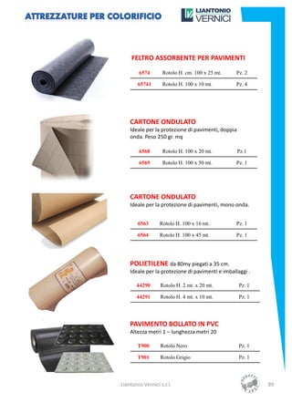 FELTRO ASSORBENTE PER PAVIMENTI
        6574       Rotolo H. cm. 100 x 25 mt.     Pz. 2

        65741      Rotolo H. 100 x 10 mt.         Pz. 4




    CARTONE ONDULATO
    Ideale per la protezione di pavimenti, doppia
    onda. Peso 250 gr. mq

        6568       Rotolo H. 100 x 20 mt.           Pz.1

        6569       Rotolo H. 100 x 50 mt.         Pz. 1




    CARTONE ONDULATO
    Ideale per la protezione di pavimenti, mono onda.


        6563      Rotolo H. 100 x 16 mt.          Pz. 1

        6564      Rotolo H. 100 x 45 mt.          Pz. 1




    POLIETILENE da 80my piegati a 35 cm.
    Ideale per la protezione di pavimenti e imballaggi .

       44290      Rotolo H. 2 mt. x 20 mt.          Pz. 1

       44291      Rotolo H. 4 mt. x 10 mt.          Pz. 1




    PAVIMENTO BOLLATO IN PVC
    Altezza metri 1 – lunghezza metri 20

       T900       Rotolo Nero                       Pz. 1

       T901       Rotolo Grigio                     Pz. 1




Liantonio Vernici s.r.l.                                    89
 