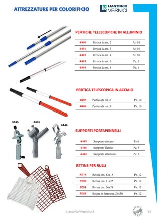 PERTICHE TELESCOPICHE IN ALLUMINIO

                            4400       Pertica da mt. 2            Pz. 10

                            4401       Pertica da mt. 3            Pz. 10

                            4402       Pertica da mt. 4            Pz. 10

                            4403       Pertica da mt. 6            Pz. 6

                            4404       Pertica da mt. 8            Pz. 6




                         PERTICA TELESCOPICA IN ACCIAIO

                            4405       Pertica da mt. 2             Pz. 10

                            4406       Pertica da mt. 3             Pz. 10




4445   4446
              4444
                        SUPPORTI PORTAPENNELLI

                            4445       Supporto zincato            Pz.6

                            4446       Supporto Genius             Pz. 6

                            4444       Supporto alluminio          Pz. 6



                         RETINE PER RULLI

                            5779       Retina cm. 12x18             Pz. 12

                            5780       Retina cm. 21x25             Pz. 12

                            5781       Retina cm. 26x28             Pz. 12

                            5785       Retina in ferro cm. 26x30    Pz. 12




                 Liantonio Vernici s.r.l.                                    93
 