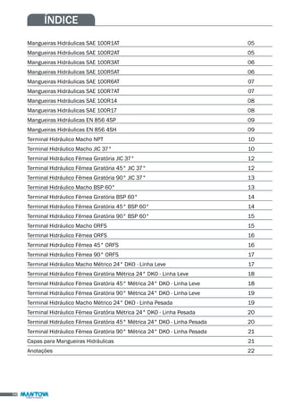 ÍNDICE 
Mangueiras Hidráulicas SAE 100R1AT 05 
Mangueiras Hidráulicas SAE 100R2AT 05 
Mangueiras Hidráulicas SAE 100R3AT 06 
Mangueiras Hidráulicas SAE 100R5AT 06 
Mangueiras Hidráulicas SAE 100R6AT 07 
Mangueiras Hidráulicas SAE 100R7AT 07 
Mangueiras Hidráulicas SAE 100R14 08 
Mangueiras Hidráulicas SAE 100R17 08 
Mangueiras Hidráulicas EN 856 4SP 09 
Mangueiras Hidráulicas EN 856 4SH 09 
Terminal Hidráulico Macho NPT 10 
Terminal Hidráulico Macho JIC 37° 10 
Terminal Hidráulico Fêmea Giratória JIC 37° 12 
Terminal Hidráulico Fêmea Giratória 45° JIC 37° 12 
Terminal Hidráulico Fêmea Giratória 90° JIC 37° 13 
Terminal Hidráulico Macho BSP 60° 13 
Terminal Hidráulico Fêmea Giratória BSP 60° 14 
Terminal Hidráulico Fêmea Giratória 45° BSP 60° 14 
Terminal Hidráulico Fêmea Giratória 90° BSP 60° 15 
Terminal Hidráulico Macho ORFS 15 
Terminal Hidráulico Fêmea ORFS 16 
Terminal Hidráulico Fêmea 45° ORFS 16 
Terminal Hidráulico Fêmea 90° ORFS 17 
Terminal Hidráulico Macho Métrico 24° DKO - Linha Leve 17 
Terminal Hidráulico Fêmea Giratória Métrica 24° DKO - Linha Leve 18 
Terminal Hidráulico Fêmea Giratória 45° Métrica 24° DKO - Linha Leve 18 
Terminal Hidráulico Fêmea Giratória 90° Métrica 24° DKO - Linha Leve 19 
Terminal Hidráulico Macho Métrico 24° DKO - Linha Pesada 19 
Terminal Hidráulico Fêmea Giratória Métrica 24° DKO - Linha Pesada 20 
Terminal Hidráulico Fêmea Giratória 45° Métrica 24° DKO - Linha Pesada 20 
Terminal Hidráulico Fêmea Giratória 90° Métrica 24° DKO - Linha Pesada 21 
Capas para Mangueiras Hidráulicas 21 
Anotações 22 
04 
 