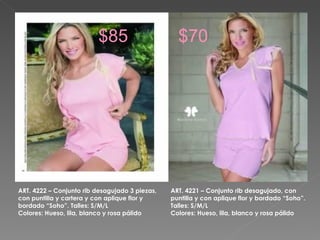 ART. 4222 – Conjunto rib desagujado 3 piezas, con puntilla y cartera y con aplique flor y bordado “Soho”. Talles: S/M/L  Colores: Hueso, lila, blanco y rosa pálido $85 ART. 4221 – Conjunto rib desagujado, con puntilla y con aplique flor y bordado “Soho”. Talles: S/M/L  Colores: Hueso, lila, blanco y rosa pálido $70 