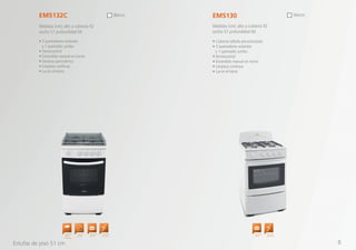 • 3 quemadores estándar
y 1 quemador jumbo.
• Termocontrol
• Encendido manual en horno
• Ventana panorámica
• Limpieza continua
• Luz en el horno
EM5132C
Medidas (cm): alto a cubierta 92
ancho 51 profundidad 66
Blanco
• Cubierta sellada porcelanizada
• 3 quemadores estándar
y 1 quemador jumbo.
• Termocontrol
• Encendido manual en horno
• Limpieza continua
• Luz en el horno
EM5130
Medidas (cm): alto a cubierta 92
ancho 51 profundidad 66
blanco
Quemador
Jumbo
Encendido
Electrónico
Cubierta
Sellada
Quemador
Jumbo
Encendido
Electrónico
Capelo de
Cristal
Templado
Estufas de piso 51 cm 8
 