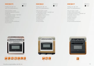• Tipo de empotre: cassette
• 2 quemadores estándar, 1 quemador oval
y 2 quemadores jumbo.
• Encendido manual en el horno
• 2 parrillas en el horno
• Ventana panorámica
• Limpieza continua
• Luz en el horno
• Comal removible
• Tipo de empotre: cassette
• Cubierta sellada pocelanizada
• 4 quemadores estándar y 1 quemador oval
• Encendido manual en horno
• 1 parrilla en el horno
• Ventana panorámica
• Limpieza continua
• Luz en el horno
• Comal removible porcelanizado
EMC8022 EMC8017
medidas (cm): alto 74.9
ancho 79.2 profundidad 64.1
medidas (cm): alto 74.9
ancho 79.2 profundidad 64.1
blanco
negro negro
blanco
• Tipo de empotre: cassette
• 3 parrillas superiores de fundición
• Asador alto
• 2 quemadores estándar, 1 triple flama
y 2 quemadores jumbo.
• Encendido electrónico en el horno
• Ventana panorámica
• Limpieza continua
• Comal de aluminio antiadherente
• Luz en el horno
EMC8027C
medidas (cm): alto 74.9
ancho 79.2 profundidad 64.1
blanco
negro
Encendido
Electrónico
Cubierta
Sellada
Quemador
Jumbo
Encendido
Electrónico
TermostatoTriple Flama Parrillas
Autodeslizables
Capelo de
Cristal
Templado
Quemador
Jumbo
Encendido
Electrónico
Capelo de
Cristal
Templado
Estufas empotrables de 80 cm 12
 