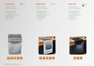 • Tipo de empotre: cassette
• 3 quemadores estándar,
y 1 quemador jumbo.
• encendido manual en el horno
• súper ventana
• limpieza continua
• luz en el horno
EMC5120
medidas (cm): alto 70
ancho 61 profundidad 66
negro
blanco
Quemador
Jumbo
Encendido
Electrónico
Termostato
• Tipo de empotre: cassette
• 3 quemadores estándar,
y 1 quemador jumbo.
• Encendido manual en el horno
• Ventana panorámica
• Limpieza continua
• Luz en el horno
EMC5130C
medidas (cm): alto 70
ancho 51 profundidad 66
blanco
Cubierta
Sellada
Quemador
Jumbo
Encendido
Electrónico
TermostatoCapelo de
Cristal
Templado
• Tipo de empotre: cassette
• 3 quemadores estándar,
y 1 quemador jumbo.
• Encendido manual en el horno
• Ventana panorámica
• Limpieza continua
• Luz en el horno
MA0C5130
medidas (cm): alto 70
ancho 51 profundidad 66
grafito
Cubierta
Sellada
Quemador
Jumbo
Encendido
Electrónico
TermostatoCapelo de
Cristal
Templado
Estufas empotrables de 51 cm 14
 