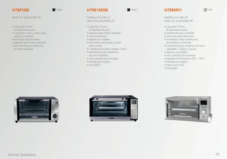 • capacidad 10 litros
(4 rebanadas de pan).
• 5 funciones: cocinar, tostar, dorar,
gratinar y recalentar.
• perilla para ajustar tiempo
• gabinete negro frente inoxidable
• calentamiento por resistencias
de acero inoxidable.
• capacidad 14 litros
(6 rebanadas de pan).
• gabinete negro frente inoxidable
• control electrónico
• apertura con jaladera
• 4 funciones: descongelar, rostizar
dorar y tostar.
• 2 niveles de cocinado: estándar y lento
• calentamiento por resistencias
de acero inoxidable.
• rack y bandeja para horneado
• bandeja para migajas
• reloj digital
• capacidad 18 litros
(6 rebanadas de pan).
• gabinete de acero inoxidable
• control de perilla electrónico
• 5 funciones: tostar, hornear, asar,
descongelar y convección.
• calentamiento por resistencias de acero
inoxidable ( 2 abajo y 2 arriba).
• apertura con jaladera
• rack y bandeja para horneado
• regulador de temperatura 65oc - 230oc
• bandeja para migajas
• seguro para niños
• reloj digital
HTM10N HTM14DIN HTM6PI1
ancho 37 profundidad 29 medidas (cm): alto 22
ancho 45 profundidad 37
medidas (cm): alto 25
ancho 50 profundidad 38
negro negro inox
Hornos Tostadores 20
 