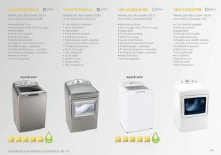 • Automática de 20 kgs
• Ahorro de agua: hasta 120 lts por carga
• Display digital
• Tina de acero inoxidable
• Botón inicio / pausa
• Tapa de cristal templado
• 8 programas automáticos de lavado
• 4 niveles de agua + automático
• 4 niveles de temperatura + automático
• 4 niveles de centrifugado + automático
• Alarma fin de ciclo
• Switch de seguridad
• 7 pies cúbicos de capacidad
• Sensor de humedad
• Display digital
• Puerta de cristal templado
• 8 programas de secado
• Programas para: algodón, delicados,
planchado, permanente y refrescar
• 5 niveles de temperatura
• Opción antiarrugas
• Ciclo antibacterial
• Luz en tambor
• Señal fin de ciclo
• Rack de secado
• Filtro atrapapelusas
• Automática de 20 kgs
• Ahorro de agua: hasta 120 lts por carga
• Display digital
• Tina de acero inoxidable
• Botón inicio / pausa
• Tapa de cristal templado
• 8 programas automáticos de lavado
• 4 niveles de agua + automático
• 4 niveles de temperatura + automático
• 4 niveles de centrifugado + automático
• Alarma fin de ciclo
• Switch de seguridad
• 7 pies cúbicos de capacidad
• Sensor de humedad
• Display digital
• Puerta de cristal templado
• 8 programas de secado
• Programas para: algodón, delicados,
planchado, permanente y refrescar
• 5 niveles de temperatura
• Opción antiarrugas
• Ciclo antibacterial
• Luz en tambor
• Señal fin de ciclo
• Rack de secado
• Filtro atrapapelusas
LMH20589ZKGG SMV747NXPGG LMH20589ZKBB SMV747NXPBB
Medidas (cm): alto a copete 108.24
Ancho 67.82 profundidad 68.48
Medidas (cm): alto a copete 109.89
Ancho 68.25 profundidad 72.6
Medidas (cm): alto a copete 108.24
Ancho 67.82 profundidad 68.48
Medidas (cm): alto a copete 109.89
Ancho 68.25 profundidad 72.6
grafito grafito
Lavadoras y secadoras automáticas de 20
blanco blanco
Infusor Multidespachador Programas
de Lavado
Inicios
Programables
Econowater Infusor Multidespachador Programas
de Lavado
Inicios
Programables
Econowater
24
 