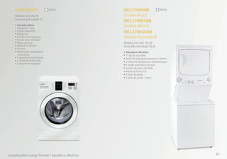 • Secadora eléctrica
• 17 kgs de capacidad
• Switch de seguridad integrado en cubierta
• 5 niveles de temperaturas lavado/enjuague
• 4 niveles automáticos de agua
• Canasta de acero inoxidable
• Alarma de fin de ciclo
• 5 ciclos de lavado
• 4 ciclos de secado + timer
MCL1740PSBB
(secadoradegas)
MCL1740ESBB
(secadoraeléctrica)
MCL1740GSBB
(secadoradegasnatural)
Medidas (cm): alto 192.28
Ancho 68 profundidad 78.26
blancoblanco
• Lavasecadora
• Capacidad 11 kgs
• Control electrónico
• Display led
• 5 niveles de temperatura
• Tina de acero inoxidable
• Sensor de carga
• Señal de fin de ciclo
• 14 ciclos
• Dispensador de detergente
y suavizante
• 5 opciones de centrifugado
• 5 niveles de temperatura
• 5 opciones de enjuague
LSM1100XS
Medidas (cm): alto 93
ancho 63 profundidad 75
Lavasecadora carga frontal / Secadora eléctrica 30
 