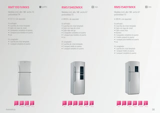• 513.12 L de capacidad
En enfriador:
• 2 parrillas de cristal templado
• Cajón con tapa de cristal
• 2 anaqueles completos en puerta
• 1 anaquel para botellas en puerta
• Luz
En congelador:
• 1 parrilla de cristal templado
• 1 anaquel completo en puerta
RMT1951VMXS
Medidas (cm): alto 188 ancho 74
profundidad 79
RMS1540ZMXX
Medidas (cm): alto 188 ancho 67
profundidad 73
RMS1540YMXX
Medidas (cm): alto 188 ancho 67
profundidad 73
Automáticos
Puerta Doble
Profundidad
Display
Táctil
Express
Chill Zone
Ahorro
de Energía
Espacios
Inteligentes
PractihiloDisplay
Táctil
Express
Chill Zone
Ahorro
de Energía
Espacios
Inteligentes
Smart
Station
PractihiloPuerta Doble
Profundidad
Ahorro
de Energía
Espacios
Inteligentes
Practihilo
grafito inoxinox
• 399.95 L de capacidad
En enfriador:
• 2 parrillas de cristal templado
• Cajón con tapa de cristal
• Cajón take and go
• 2 anaqueles completos en puerta
• 1 anaquel para botellas en puerta
• Luz
En congelador:
• 1 parrilla de cristal templado
• 1 anaquel medio en puerta
• 1 anaquel completo en puerta
• 399.95 L de capacidad
En enfriador:
• 2 parrillas de cristal templado
• Cajón con tapa de cristal
• Cajón carnes frías
• Huevera
• 2 anaqueles completos en puerta
• 1 medio anaquel en puerta
• 1 anaquel para botellas en puerta
• Luz
En congelador:
• 1 parrilla de cristal templado
• 1 anaquel medio en puerta
• 1 anaquel completo en puerta
38
 