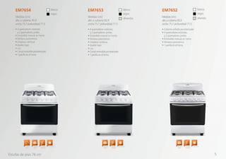 • 4 quemadores estándar,
y 2 quemadores jumbo.
• Encendido manual en horno
• Ventana panorámica
• Limpieza continua
• Asador bajo
• Luz
• Comal removible porcelanizado
• 1 parrilla en el horno
• 4 quemadores estándar,
y 2 quemadores jumbo.
• Encendido manual en horno
• Ventana panorámica
• Limpieza continua
• Asador bajo
• Luz
• Comal removible porcelanizado
• 1 parrilla en el horno
• Cubierta sellada porcelanizada
• 4 quemadores estándar,
y 2 quemadores jumbo.
• Encendido manual en horno
• Ventana panorámica
• 1 parrilla en el horno
EM7654 EM7653 EM7652
Medidas (cm):
alto a cubierta 90.9
ancho 75.7 profundidad 71.5
Medidas (cm):
alto a cubierta 90.9
ancho 75.7 profundidad 71.5
Medidas (cm):
alto a cubierta 90.9
ancho 75.7 profundidad 71.5
negro negro negro
almendra almendra
blanco blanco blanco
Estufas de piso 76 cm
Cubierta
Sellada
Quemador
Jumbo
Encendido
Electrónico
Termocontrol Quemador
Jumbo
Encendido
Electrónico
Termocontrol Quemador
Jumbo
Encendido
Electrónico
Termocontrol
5
 