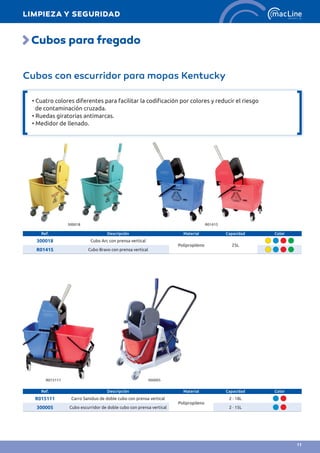 Cubos con escurridor para mopas Kentucky
• Cuatro colores diferentes para facilitar la codificación por colores y reducir el riesgo
de contaminación cruzada.
• Ruedas giratorias antimarcas.
• Medidor de llenado.
Ref. Descripción Material Capacidad Color
300018 Cubo Arc con prensa vertical
Polipropileno 25L
R01415 Cubo Bravo con prensa vertical
Ref. Descripción Material Capacidad Color
R015111 Carro Saniduo de doble cubo con prensa vertical
Polipropileno
2 · 18L
300005 Cubo escurridor de doble cubo con prensa vertical 2 · 15L
300018 R01415
Cubos para fregado
R015111 300005
LIMPIEZA Y SEGURIDAD
11
 