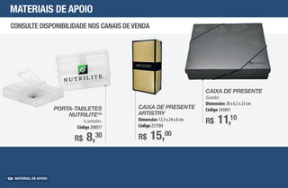 Consulte disponibilidade nos canais de venda
CAIXA DE PRESENTE
(Grande)
Dimensões 28 x 6,5 x 23 cm
Código 243841
R$ 11,10
PORTA-TABLETES
NUTRILITETM
4cavidades.
Código 208017
R$ 8,30
materiais de apoio
Caixa de Presente
Artistry
Dimensões 12,5 x 24 x 8 cm
Código 257584
R$ 15,00
Material de apoio104
AF_11_MATERIAL_APOIO_v01.indd 104 01/04/15 14:00
 