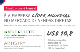 é a empresa líder mundial
no mercado de vendas diretas
FABRICANTE DE MARCAS MUNDIALMENTE CONHECIDAS COMO NUTRILITE E ARTISTRY.
US$ 10,8
Afinal, o que é Amway?
Um das cinco marcas de prestígio mais vendidas
para cuidados com a pele.
A marca Número Um em venda de vitaminas
e suplementos alimentares.
Bilhões em vendas
declaradas no
fechamento de 2014
(31 de dezembro).
AF_02_ANUNCIO_V4.indd 2 31/03/15 16:49
 