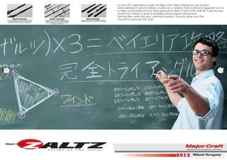 La serie ZALT rappresenta il meglio che Major Craft mette a disposizione dei pescatori.
                                                                                                                                                               Canne realizzate in carbonio altissimo modulo con un’estetica molto accattivante; leggerissime e con
                                                                                                                                                               la miglior componentistica Fuji di ultima generazione. Manici e butt in EVA, anelli SIC e placche ergo-
                                                                                                                                                               nimiche FUJI. Attrezzi in grado di soddisfare tutte le esigenze dei pescatori.
                                                                                                                                                               Spinning Basic series due pezzi, spinning monopezzo, shore jig, eging e rock ﬁsh.
           Blank Concept                                         Guide Concept                                       Grip Concept                              Una serie di canne per tutti i gusti.
 I grezzi di questa serie di attrezzi sono realizzati   La serie ZALT monta componentistica Fuji di         Manici e butt in EVA di di altissima qualità per
    in carbonio altissimo modulo. Leggerezza e          altissima qualità: anelli SIC e nella serie Boat   regalare al pescatore un piacere unico in pesca.
   potenza descrivono al meglio le canne ZALT.           Seabass monopezzo, i passanti sono della
                                                                  nuovissima serie K di Fuji.




36                                                                                                                                                                                                                                                               37




                                                                                                                                                                                                                       2012            Ofﬁcial Navigator
 