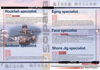 Model       Length(ft)     EGI      Line(PE)     Action       Model           Length(ft)   Lure(g.)    Line (Lb)   Line(PE)     Action
                                                                                                                                           SPS-802E      8’0”        2.5-3.5   0.6-1.2    Regular Fast   SPS-S70H Taco      7’0”        42                    3.0-8.0    Regular Fast
                                                                                                                                           SPS-802EL     8’0”        2.0-3.5   0.4-1.0      Regular      SPS-902LSJ         9’0”        50          30        1.0-2.0      Regular
                                                                                                                                           SPS-832E      8’3”        2.5-3.5   0.6-1.2    Regular Fast   SPS-1002H         10’0”        80         14-30      1.5-3.5      Regular
                                                                                                                                           SPS-832EL     8’3”        2.0-3.5   0.4-1.0      Regular




         Rockfish specialist




                                                                                                                                                                                                                                                                                        S E R I E S
                                                                                                                                        Eging specialist
SERIES


         SPS S702M
         SPS-S702M
         SPS-S7602M            2012 new                                                                                                 SPS-802E
                                                                                                                                        SPS-802EL
         Queste canne della serie Solpara sono st
                             la serie Solpara sono studiate appositamente per il Rock Fish e ultra light spinning ai piccoli
                                 erie o a ono
         predatori marini. Disponibili in due diverse lunghezze, sono leggerissime ed estremamente divertenti con una                   SPS-832E
         buona riserva di potenza per le prede più impegnative che possono capitare pescando nei porti e dalle scogliere                SPS-832EL
         naturali e artiﬁciali. Concepita per un utilizzo a 360° con piccoli minnow, micro metal jig e piccole esche silico-            Serie di canne due pezzi nate per lo spinning ai cefalopodi con EGI da 2.5 a 3.5 con azione regular e regular
         niche. Con queste ultime si esprime al massimo grazie alla punta ripartita che conferisce all’attrezzo un’estrema              fast. La serie EL (Eging Light) indica canne con azione regular molto sensibili, dedicate alla pesca di cefalopodi di
         sensibilità nella gestione di leggerissime testine piombate montate con piccoli siliconici.                                    piccola taglia senza penalizzare il divertimento del pescatore. Caratterizzata dalla speciale anellatura Fuji studiata
         Anelli e placche ergonomiche Fuji, manici in EVA nero con inserti in sughero.                                                  appositamente per l’utilizzo dei trecciati. Si prestano molto bene anche allo spinning con l’utilizzodi piccoli min-
                                                                                                                                        now e top water. Ottime per raggiiungere grandi distanze. Anelli e placche ergonomiche Fuji, manici in EVA nero
                                                                                                                                        con inserti in sughero.




  42                                                                                                                                    Taco specialist                                                                                                                                 43
CAST




                                                                                                                                                                                                                                                                                        O F F S H O R E
                                                                                                                                        SPS-S70H Taco               2012 new
                                                                                                                                        La Taco di Solpara è un attrezzo molto partic
                                                                                                                                                                n attrezzo molto particolare; è una due pezzi offset che nasce per la pesca a spinning dei
                                                                                                                                                                   ttrezzo olto rtic
                                                                                                                                                                    tre
                                                                                                                                        polpi. Una delle sue caratteristiche principali è quella di avere un rapporto peso potenza unico.
                                                                                                                                        Nel suo range d’azione può montare trecciati ﬁno al PE 8.0! È una canna molto versatile per tutta una serie di
                                                                                                                                        fattori: gestisce esche sul lancio ﬁno a 42g ma per via della lunghezza di canna e manico, dell’anellatura e della
                                                                                                                                        punta sensibile si può utilizzare tranquillamente a light jigging come se fosse una classica semi long da VJ. Oppure
                                                                                                                                        per uno spinning con le esche classiche tipo minnow, top water e lipless.
                                                                                                                                        La canna per tutte le situazioni che non deve mancare mai! Anelli e placche ergonomiche Fuji, manici in EVA
                                                                                                                                        nero con inserti in sughero.


         Seabass specialist
                                                                                                                                        Shore Jig specialist
LONG




         SPS-862L
         SPS-862ML
         SPS-962M
                                                                                                                                        SPS-902LSJ       2012 new
         SPS-962ML
                                                                                                                                        SPS-1002H        2012 new
                                                                                                                                        Serie di canne due pezzi nate per lo Sho Jigging. Estremamente potenti nella gestione della preda e altamente
                                                                                                                                                        ue pezzi nate per Shore
                                                                                                                                                         e ezzi ate
         SPS-1002M                                                                                                                      performanti nel lancio; queste caratteristiche unite a un peso contenuto e un buon bilanciamento permettono di
         Serie di canne due pezzi nate per lo spinning in mare dalla costa. Estremamente potenti nella gestione della                   pescare per ore senza penalizzare il pescatore e il suo divertimento.
         preda e altamente perﬁormanti nel lancio.Versioni con azioni, potenze e lunghezze diverse per soddisfare tutte                 Due versioni con potenze e lunghezze diverse per soddisfare tutte le esigenze nelle varie condizioni di utilizzo;
         le esigenze del pescatore nelle varie condizioni di utilizzo. Anelli e placche Fuji, manici in EVA nero con inserti in         dal light Shore Jigging allo Shore Jigging più gravoso. Mantengono una buona sensibilità di punta per gestire al
         sughero.                                                                                                                       meglio casting jig, minnow e lipless. Anelli e placche Fuji, manici in EVA nero con inserti in sughero.



         Model        Length(ft)   Lure(g.)   Line (Lb)     Action            Model       Length(ft)   Lure(g.)   Line (Lb)   Action
         SPS-S702M      7’0”        0.5-5        1-5       Extra Fast         SPS-962M      9’6”        15-42       8-20      Regular
         SPS-S7602M     7’6”        0.5-5        1-5       Extra Fast         SPS-962ML     9’6”        10-30       8-14      Regular
         SPS-862L       8’6”         7-23       6-12      Regular Fast        SPS-1002M     10’’”       15-42       8-20      Regular


                                                                                                                                                                                                                  2012
         SPS-862ML      8’6”        10-30       8-14        Regular
                                                                                                                                                                                                                                                 Ofﬁcial Navigator
 