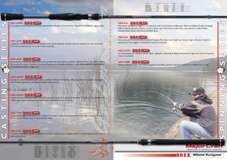 Model       Length(ft)   Lure(oz)   Line(lb)    Action
                                                                                                                                                                      GES-63L       6’3”       1/16-1/4    4-8         Fast
                                                                                                                                                                      GES-66L       6’6”       1/16-1/4    4-8         Fast
                                                                                                                                                                      GES-63ML      6’3”        1/8-3/8    5-10        Fast
                                                                                                                                                                      GES-66ML      6’6”        1/8-3/8    5-10        Fast




                              2012 lanciare agevolmente vibration lures da oltre 10 grammi, crankbaits e spinnerbait.                             2012 newcon estrema riserva di potenza, studiata per offrire eccellente facilità d’impiego




                                                                                                                                                                                                                                                              S E R I E S
S E R I E S

                GEC-63ML                    new                                                                                      GES-63L
                Con questa canna si possono lanciare
                              n
                              na si possono nciare                                                                                   Una canna rapidissima, leggera e con
                                                                                                                                                 pidissim
                                                                                                                                                   dissima
                                                                                                                                                      s          ra on
                                                                                                                                     nelle moderne tecniche di pesca, come il wacky rig, il drop shot, lo split shot, e per piccoli e medi jerkbait.
                                                                                                                                     Indispensabile alleata nella pesca dal Belly Boat.


                                                                                                                                     GES-66L     2012alta pressione di pesca. Permette lanci lunghi con inneschi light e ﬁnesse. Il calcio è
                                                                                                                                     Una canna per le zone ad
                                                                                                                                                er
                                                                                                                                                              new
                                                                                                                                                                pres
                                                                                                                                                                  ess
                GEC-63M       2012 new
                Lunghezza, azione, pot za.. in un attrezzo tutti questi elementi raccolti e tali da renderla una vera “all round”.
                             ione, potenza... un at
                              one, otenza...
                                         a        a
                                                                                                                                     seprato per una maggiore operatività in pesca e sul lancio.
                È un ottimo acquisto per chi vuole inizare a casting.

                                                                                                                                     GES-63ML         2012 new
                                                                                                                                     La scelta giusta per utilizzare esche rigide o jigheads a spinning. Si adatta facilmente ad ogni esca ed ha una grossa
                                                                                                                                                      per utilizzare esche rig
                                                                                                                                                        r      z
                                                                                                                                                               zzare esche rig
                                                                                                                                     riserva di potenza.
                GEC-66M       2012lla nuovaa serie, perfetta per spinnerbait, buzzbait, crankbait,Texas rig e soft swimbait.
                                            new
                Senza dubbio la multiuso della
                                m ltiu o dell
                                multiuso el
                                     u
                Una canna che copre moltissime tecniche di pesca con le esche artiﬁciali, in virtù dell’eccellente combinazione
                                                                                                                                     GES-66ML        2012 new
                                                                                                                                     Canna polivalente che vi permett di g
                                                                                                                                                   nt che permette gestire sia jerkbait, piccoli crank che inneschi con softbait ﬁno a 10 gr.
                                                                                                                                                   nte ch
                                                                                                                                                    te         ermette
                d
                di sensibilità, potenza e leggerezza.
    12                                                                                                                                                                                                                                                        13




                                                                                                                                                                                                                                                              S P I N N I N G
                GEC-66MH        2012er i ggrossi predatori. Adatta a Texas Rig, rubber jigs, per non perdere il contatto
                                              new
C A S T I N G




                Questa è la canna essenziale pe
                               na essenziale per ros
                                     en a e      ro
                con il fondo, oppure per swimbaits di taglia medio piccola.




                GEC-69MH          2012nnewa performance di lancio. È un attrezzo da pesca “in attacco”, soprattutto con
                Il punto di forza di questa canna è la pe
                                a d questa can a l
                                      uest cann
                                         t an
                rubber jigs recuperati lentamente, spinnerbait e vibration lures in velocità.




                GEC-70H        2012er llaa sua categoria. Potente in vetta ma estremamente bilanciata, un punto di forza
                È una 7 piedi leggerissima pe
                                             new
                              leggerissima per sua
                               eggerissim        u
                per chi cerca le heavy cover e deve lanciare lungo..




                GEC-70X       2012tanewues serie.Tutte le guide sono a doppio ponte. La vetta Regular facilita il lancio
                La canna da Big Baits robust di q e
                                Baits robusta di questa
                                 aits robusta
                                        bu
                delle esche grosse.


                                             Model       Length(ft)   Lure(oz)    Line(lb)     Action
                                             GEC-63ML      6’3”       3/16-1/2    8-14       Regular Fast
                                             GEC-63M       6’3”        1/4-3/4    10-16        Regular
                                             GEC-66M       6’6”        1/4-3/4    10-16        Regular
                                             GEC-66MH      6’6”         1/4-1     12-20      Regular Fast
                                             GEC-69MH
                                             GEC-70H
                                             GEC-70X
                                                           6’9”
                                                           7’0”
                                                           7’0”
                                                                        1/4-1
                                                                      3/8-1.1/2
                                                                        3/8-3
                                                                                  12-20
                                                                                  12-25
                                                                                  14-30
                                                                                             Regular Fast
                                                                                             Regular Fast
                                                                                               Regular                                                                                                               2012        Ofﬁcial Navigator
 