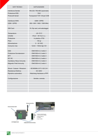 DATI TECNICI                 InDTU332GS55
Interfaccia Seriale            RS-232 / RS-485 (opzionale)
Protezione ESD                            1 5kV
Protocolli Seriali            Transparent TCP, Virtual COM

Interfaccia WAN                       GSM / GPRS
GSM / GPRS                    850 / 900 / 1 800 / 1 900 MHz

SIM Card                      3V, flip card, anti-sabotaggio

Temperatura                             -25~70°C
Umidità                            5%Ur ~ 95 %Ur n.c.
Protezione                          In plastica, IP30
Peso                                      1 20 gr
Alimentazione                          5 ~ 30 VDC
Consumo max                      1 2mA ~ 1 00mA @ 1 2V

ESD                              EN61 000-4-2, livello 4
Protezione Sovratensioni         EN61 000-4-5, livello 3
EFT                              EN61 000-4-4, livello 4
RF, RC                           EN61 000-4-3, livello 4
Oscillatory Wave Immunity        EN61 000-4-5, livello 3
Magnetic Field Immunity          EN61 000-4-8, livello 4

Shock / Caduta / Vibrazioni    IEC60068-2-27/ 2-32/ 2-6
Resistenza Elettrica                  DC 500V
Ripristino automatico          Watchdog Hardware e PPP

Configurazione                      Seriale o remota




     www.marcomweb.it
 