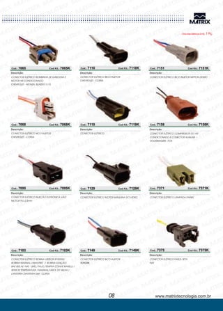www.matrixtecnologia.com.br
Cod.: 7065 Cod Kit.: 7065K
CONECTOR ELÉTRICO
MONZA, BLAZER E S-10
BOMBINHA DE GASOLINA E
MOTOR AR CONDICIONADO
CHEVROLET -
Descrição:
Cod.: 7068 Cod Kit.: 7068K
CONECTOR ELÉTRICO
CORSA
BICO INJETOR
CHEVROLET -
Descrição:
Cod.: 7095 Cod Kit.: 7095K
CONECTOR ELÉTRICO INJEÇÃO ELETRÔNICA VÃO
MOTOR FIO 2,5mm
Descrição:
Cod.: 7103 Cod Kit.: 7103K
CONECTOR ELÉTRICO BOBINA VISTEON B100355/
BOBINA MARWAL LINHA BOBINA IGNIÇÃO
BAE 800 AE UNO, PALIO, TEMPRA COM IE MARELLI /
SENSOR TEMPERATURA / MARWAL FAROL DE MILHA /
LANTERNA DIANTEIRA CORSA
FIAT /
FIAT
GM -
-
Descrição:
CONECTOR ELÉTRICO
CORSA
BICO INJETOR
CHEVROLET -
Descrição:
Cod.: 7110 Cod Kit.: 7110K
Chicotes Elétricos Emb. 1 Pç.
Cod.: 7119 Cod Kit.: 7119K
CONECTOR ELÉTRICO
Descrição:
Cod.: 7129 Cod Kit.: 7129K
CONECTOR ELÉTRICO MOTOR MÁQUINA DO VIDRO
Descrição:
Cod.: 7149 Cod Kit.: 7149K
CONECTOR ELÉTRICO BICO INJETOR
TOYOTA
Descrição:
08
Cod.: 7151 Cod Kit.: 7151K
CONECTOR ELÉTRICO BICO INJETOR NIPPON DENSO
Descrição:
Cod.: 7158 Cod Kit.: 7158K
Cod.: 7371 Cod Kit.: 7371K
CONECTOR ELÉTRICO
FOX
COMPRESSOR DO AR
CONDICIONADO E CONECTOR AUXILIAR -
VOLKSWAGEN -
Descrição:
CONECTOR ELÉTRICO LÂMPADA PAINEL
Descrição:
Cod.: 7375 Cod Kit.: 7375K
CONECTOR ELÉTRICO FAROL SETA
FIAT
Descrição:
 