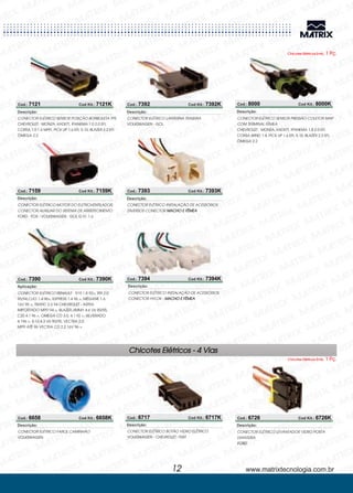 www.matrixtecnologia.com.br
Chicotes Elétricos Emb. 1 Pç.
Cod.: 7121 Cod Kit.: 7121K
CONECTOR ELÉTRICO
MONZA, KADETT, IPANEMA 1.0 2.0 EFI,
CORSA 1.0 1.6 MPFI, PICK UP 1.6 EFI, S-10, BLAZER 2.2 EFI
ÔMEGA 2.2
SENSOR POSIÇÃO BORBOLETA TPS
CHEVROLET -
Descrição:
Cod.: 7159 Cod Kit.: 7159K
CONECTOR ELÉTRICO
FOX - GOL G IV, 1.6
MOTOR DO ELETROVENTILADOR,
CONECTOR AUXILIAR DO SISTEMA DE ARREFECIMENTO
FORD VOLKSWAGEN- -
Descrição:
12
Cod.: 7390 Cod Kit.: 7390K
Aplicação:
R19 1.8 92>, RRI 2.0
90/94,CLIO 1.4 96>, EXPRESS 1.4 96 >, MÉGANE 1.6
16V 95 >, TRAFIC 2.2 94 ASTRA
IMPORTADO MPFI 94 >, BLAZER,JIMMY 4.6 V6 90/95,
C20 4.1 96 >, OMEGA CD 3.0, 4.1 92 >, SILVERADO
4.196 >, S-10 4.3 V6 90/95, VECTRA 2.0
MPFI ATÉ 96 VECTRA CD 2.2 16V 96 >
CONECTOR ELÉTRICO RENAULT
CHEVROLET -
-
Cod.: 7392 Cod Kit.: 7392K
CONECTOR ELÉTRICO
GOL
LANTERNA TRASEIRA
VOLKSWAGEN -
Descrição:
Cod.: 7394 Cod Kit.: 7394K
CONECTOR ELÉTRICO INSTALAÇÃO DE ACESSÓRIOS
CONECTOR HYLOK - MACHO E FÊMEA
Descrição:
Cod.: 7393 Cod Kit.: 7393K
CONECTOR ELÉTRICO INSTALAÇÃO DE ACESSÓRIOS
DIVERSOS CONECTOR MACHO E FÊMEA
Descrição:
Cod.: 8000 Cod Kit.: 8000K
CONECTOR ELÉTRICO
MONZA, KADETT, IPANEMA 1.8 2.0 EFI,
CORSA WIND 1.4, PICK UP 1.6 EFI, S-10, BLAZER 2.2 EFI,
ÔMEGA 2.2
SENSOR PRESSÃO COLETOR MAP
COM TERMINAL FÊMEA
CHEVROLET -
Descrição:
Chicotes 4 ViasElétricos -
Chicotes Elétricos Emb. 1 Pç.
Cod.: 6658 Cod Kit.: 6658K
CONECTOR ELÉTRICO FAROL CAMINHÃO
VOLKSWAGEN
Descrição:
Cod.: 6717 Cod Kit.: 6717K
CONECTOR ELÉTRICO BOTÃO VIDRO ELÉTRICO
VOLKSWAGEN - CHEVROLET - FIAT
Descrição:
Cod.: 6726 Cod Kit.: 6726K
CONECTOR ELÉTRICO LEVANTADOR VIDRO PORTA
DIANTEIRA
FORD
Descrição:
 