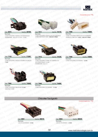 Chicotes Elétricos Emb. 1 Pç.
www.matrixtecnologia.com.br19
Cod.: 6979
CONECTOR ELÉTRICO MÓDULO DO IMOBILIZADOR
GOL G IV 1.6, FOX /VOLKSWAGEN - 8 VIAS
Descrição:
Cod Kit.: 6979K
Cod.: 7126 Cod Kit.: 7126K
CONECTOR ELÉTRICO MÓDULO E BOBINA DE IGNIÇÃO
7 VIAS
Descrição:
Cod.: 7404 Cod Kit.: 7404K
CONECTOR ELÉTRICO MICRO RELÉ 10 VIAS
CHEVROLET - FORD
Descrição:
Cod.: 7411 Cod Kit.: 7411K
INSTALAÇÃO DE ACESSÓRIOS
CONECTOR HYLOK 9 VIAS /
CONECTOR ELÉTRICO
MACHO E FÊMEA
Descrição:
Cod.: 7412 Cod Kit.: 7412K
CONECTOR ELÉTRICO PAINEL DE COMANDO DO
AR CONDICIONADO 10 VIAS
Descrição:
VOLKSWAGEN- GOL G V
Cod.: 7446 Cod Kit.: 7446K
CONECTOR ELÉTRICO ECONOSEAL - 12 VIAS
Descrição:
CONECTOR ELÉTRICO INSTALAÇÃO DE ACESSÓRIOS
DIVERSOS, CONECTOR - 8 VIAS / MACHO E FÊMEA
Descrição:
Cod.: 7488
Cod.: 7489
CONECTOR ELÉTRICO ECONOSEAL - 12 VIAS
Descrição:
Cod Kit.: 7488K
Cod Kit.: 7489K
Chicotes Tacógrafo
Chicotes Tacógrafo Emb. 1 Pç.
Cod.: 6661 Cod Kit.: 6661K
CHICOTE TACÓGRAFO - 8 VIAS
Descrição:
Cod.: 6663 Cod Kit.: 6663K
CHICOTE TACÓGRAFO - 8 VIAS
Descrição:
 