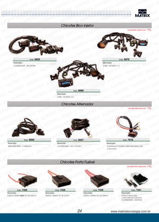 www.matrixtecnologia.com.br
Chicotes Bico Injetor
Chicotes Alternador
Cod.: 6655
Cod.: 6669
Cod.: 6670
VOLKSWAGEN - MULTIPOINT
FORD - MONDEO 2.0
FORD - MONDEO 1.8
Descrição:
Descrição:
Descrição:
Cod.: 6645 Cod.: 6647
MERCEDES BENZ - CAMINHÃO VOLKSWAGEN - GOL, SAVEIRO
Descrição: Descrição:
Cod.: 7510
ALTERNADOR TRAZEIRO 1938
COM 4 FIOS
MERCEDES BENZ
Descrição:
Chicotes Bico Injetor Emb. 1 Pç.
Chicotes Alternador Emb. 1 Pç.
24
Chicotes Porta Fusível
Descrição:
Cod.: 7436
FUSÍVEL LÂMINA FIO DE 4,00mmMAX
Descrição:
Cod.: 7438
FUSÍVEL LÂMINA FIO DE 2,5mm
Descrição:
Cod.: 7439
FUSÍVEL LÂMINA FIO DE 4,00mm
Descrição:
PORTA FUSÍVEL MAX
2 VIAS PARA FIO ATÉ 8mm
- SANTANAVOLKSWAGEN
Cod.: 7441
Chicotes Porta Fusível Emb. 1 Pç.
 