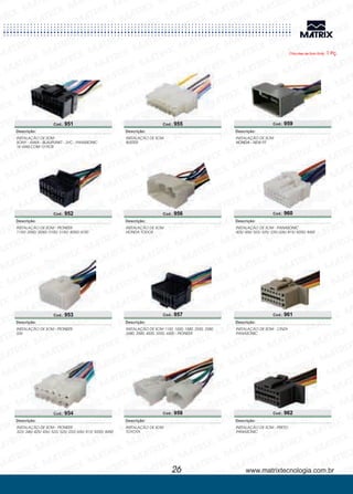 www.matrixtecnologia.com.br
Cod.: 952
Cod.: 953
Cod.: 954
Cod.: 955
Cod.: 956
INSTALAÇÃO DE SOM -
1150/ 2000/ 2050/ 3100/ 3150/ 4050/ 4150
PIONEER
Descrição:
INSTALAÇÃO DE SOM -
536
PIONEER
Descrição:
INSTALAÇÃO DE SOM -
323/ 346/ 425/ 436/ 523/ 525/ 253/ 636/ 815/ 8200/ 8450
PIONEER
Descrição:
INSTALAÇÃO DE SOM
BUSTER
Descrição:
INSTALAÇÃO DE SOM
HONDA TODOS
Descrição:
26
Cod.: 951
INSTALAÇÃO DE SOM
SONY - AIWA - BLAUPUNKT - JVC - PANASONIC
16 VIAS COM 13 FIOS
Descrição:
Cod.: 957
INSTALAÇÃO DE SOM 1150, 1550, 1580, 2550, 2580,
2680, 3580, 4500, 5550, 6500 - PIONEER
Descrição:
Cod.: 958
INSTALAÇÃO DE SOM
TOYOTA
Descrição:
Cod.: 959
Cod.: 960
Cod.: 961
Cod.: 962
INSTALAÇÃO DE SOM
HONDA - NEW FIT
Descrição:
INSTALAÇÃO DE SOM -
425/ 436/ 523/ 525/ 235/ 636/ 815/ 8200/ 8450
PANASONIC
Descrição:
INSTALAÇÃO DE SOM - CINZA
PANASONIC
Descrição:
INSTALAÇÃO DE SOM - PRETO
PANASONIC
Descrição:
Chicotes de Som Emb. 1 Pç.
 