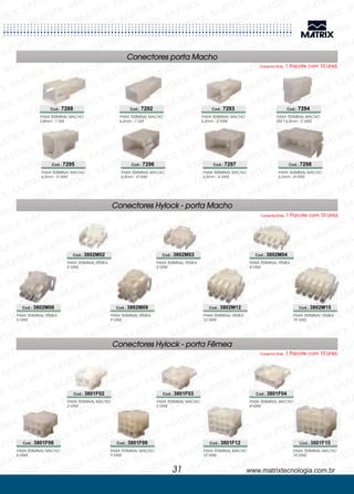 PARA TERMINAL FÊMEA
2 VIAS
PARA TERMINAL MACHO
2 VIAS
PARA TERMINAL FÊMEA
6 VIAS
PARA TERMINAL MACHO
6 VIAS
PARA TERMINAL FÊMEA
3 VIAS
PARA TERMINAL MACHO
3 VIAS
PARA TERMINAL FÊMEA
9 VIAS
PARA TERMINAL MACHO
9 VIAS
PARA TERMINAL FÊMEA
4 VIAS
PARA TERMINAL MACHO
4 VIAS
PARA TERMINAL FÊMEA
12 VIAS
PARA TERMINAL MACHO
12 VIAS
PARA TERMINAL FÊMEA
15 VIAS
PARA TERMINAL MACHO
15 VIAS
Cod.: 3802M02
Cod.: 3801F02
Cod.: 3802M06
Cod.: 3801F06
Cod.: 3802M03
Cod.: 3801F03
Cod.: 3802M09
Cod.: 3801F09
Cod.: 3802M04
Cod.: 3801F04
Cod.: 3802M12
Cod.: 3801F12
Cod.: 3802M15
Cod.: 3801F15
Conectores Hylock - porta Macho
Conectores Hylock - porta Fêmea
Conector Emb. 1 Pacote com 10 Unid.
Conector Emb. 1 Pacote com 10 Unid.
PARA TERMINAL MACHO
6,3mm - 1 VIA
PARA TERMINAL MACHO
2,8mm - 1 VIA
PARA TERMINAL MACHO
6,3mm - 3 VIAS
PARA TERMINAL MACHO
6,3mm - 2 VIAS
PARA TERMINAL MACHO
6,3mm - 4 VIAS
PARA TERMINAL MACHO
EM T 6,3mm - 2 VIAS
PARA TERMINAL MACHO
6,3mm - 6 VIAS
PARA TERMINAL MACHO
6,3mm - 8 VIAS
Cod.: 7292Cod.: 7288
Cod.: 7295
Cod.: 7293
Cod.: 7296
Cod.: 7294
Cod.: 7297 Cod.: 7298
Conectores porta Macho
Conector Emb. 1 Pacote com 10 Unid.
www.matrixtecnologia.com.br31
 