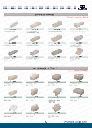 Luvas para Terminais
Conector Emb. 1 Pacote com 100 Unid.
PARA TERMINAL FÊMEA
PARA TERMINAL FÊMEA
COM TRAVA 2,8mm
PARA TERMINAL MACHO
PARA TERMINAL FÊMEA
TIPO MOSQUITINHO 2,8mm
PARA TERMINAL FÊMEA 4,8mm
PARA TERMINAL FÊMEA 6,3mm
Cod.: 5035F
Cod.: 7253
Cod.: 5035M
Cod.: 4760
Cod.: 2498
Cod.: 1673
PARA TERMINAL FÊMEA 6,3mm
PARA TERMINAL FÊMEA9,5mm
PARA TERMINAL MACHO
POSITIVE LOCK 6,3mm
PARA TERMINAL MACHO 6,3mm
PARA TERMINAL FÊMEA
TRAVA ESPECIAL 6,3mm
TERMINAL FÊMEA TIPO
BANDEIRA - 6,3mm
Cod.: 1875
Cod.: 9080
Cod.: 2051
Cod.: 7291
Cod.: 2994
Cod.: 1677
Conectores porta Fêmea
Conector Emb. 1 Pacote com 10 Unid.
PARA TERMINAL FÊMEA
2,8mm - 1 VIA
Cod.: 7254
PARA TERMINAL FÊMEA
6,3mm - 1 VIA
Cod.: 1728
PARA TERMINAL FÊMEA
6,3mm - 2 VIAS
Cod.: 1263
PARA TERMINAL FÊMEA
6,3mm - 2 VIAS
Cod.: 7258
PARA TERMINAL FÊMEA
6,3mm - 2 VIAS
Cod.: 7259
PARA TERMINAL FÊMEA
6,3mm - 3 VIAS
Cod.: 7260
PARA TERMINAL FÊMEA
6,3mm - 4 VIAS
Cod.: 7261
CONECTOR PORTA RELÉ
TERMINAL FÊMEA -
2 VIAS 6,3mm
2 VIAS 9,7mm
4 VIAS
Cod.: 9081
CONECTOR PORTA RELÉ
TERMINAL FÊMEA 6,3mm
5 VIAS
Cod.: 9079
PARA TERMINAL FÊMEA
6,3mm - 6 VIAS
Cod.: 7262
PARA TERMINAL FÊMEA
6,3mm - 8 VIAS
Cod.: 7263
www.matrixtecnologia.com.br32
 