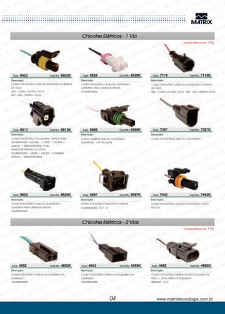 CONECTOR ELÉTRICO
CORSA, VECTRA, CELTA
- UNO, TEMPRA, PALIO,
INJEÇÃO ELETRÔNICA E SENSOR
DE ÓLEO
GM
FIAT
-
Descrição:
Cod.: 6802 Cod Kit.: 6802K
Cod.: 6813 Cod Kit.: 6813K
Cod.: 6825 Cod Kit.: 6825K
Cod.: 6828 Cod Kit.: 6828K Cod.: 7116 Cod Kit.: 7116K
Cod.: 7367 Cod Kit.: 7367K
Cod.: 7442 Cod Kit.: 7442K
Chicotes Elétricos - 1 Via
Chicotes 2 ViasElétricos -
CONECTOR ELÉTRICO ECONOSEAL
GOL MIL, /
SENSOR DE PRESSÃO DO ÓLEO
/ MWM
SENSOR TEMP.
VOLKSWAGEN FORD / VALTRA /
AGRALE / MERCEDES BENz
VOLKSWAGEN / VALTRA / CUMMINS
AGRALE / MERCEDES BENS
-
1214K
Descrição:
CONECTOR ELÉTRICO
LANTERNA PARA LÂMPADA XENON
INJEÇÃO ELETRÔNICA
VOLKSWAGEN
Descrição:
CONECTOR ELÉTRICO INJEÇÃO ELETRÔNICA
LANTERNA PARA LÂMPADA XENON
VOLKSWAGEN
Descrição:
CONECTOR ELÉTRICO
CORSA, VECTRA, CELTA, - UNO, TEMPRA, PALIO
INJEÇÃO ELETRÔNICA E SENSOR
DE ÓLEO
GM FIAT-
Descrição:
04
CONECTOR ELÉTRICO INJEÇÃO ELETRÔNICA E VÃO
MOTOR
Descrição:
CONECTOR ELÉTRICO INJEÇÃO ELETRÔNICA
Descrição:
Chicotes Elétricos Emb. 1 Pç.
Chicotes Elétricos Emb. 1 Pç.
www.matrixtecnologia.com.br
Cod.: 4652 Cod Kit.: 4652K
CONECTOR ELÉTRICO BREAK LIGHT QUEBRA SOL
ILUMINADO
VOLKSWAGEN
Descrição:
Cod.: 4653 Cod Kit.: 4653K
CONECTOR ELÉTRICO BREAK LIGHT QUEBRA SOL
ILUMINADO
VOLKSWAGEN
Descrição:
Cod.: 4662 Cod Kit.: 4662K
CONECTOR ELÉTRICO RESERVATÓRIO DO FLUIDO DE
FREIO / SETAS DIREITO E ESQUERDO
- CLIORENAULT
Descrição:
Cod.: 6997 Cod Kit.: 6997K
CONECTOR ELÉTRICO MOTOR DE PARTIDA
VOLKSWAGEN - FOX 1.6
Descrição:
Cod.: 6898 Cod Kit.: 6898K
SONDA LAMBDA INJEÇÃO ELETRÔNICA
CHEVROLET - VECTRA 96/98
Descrição:
 