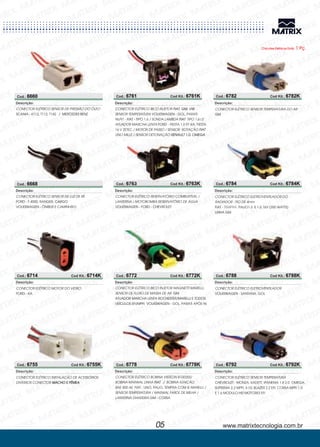 www.matrixtecnologia.com.br
Cod.: 6660
Cod.: 6668
Cod.: 6761 Cod Kit.: 6761K
Cod.: 6778 Cod Kit.: 6778K
CONECTOR ELÉTRICO
K112, T112, T142 /
SENSOR DE PRESSÃO DO ÓLEO
SCANIA - MERCEDES BENZ
Descrição:
CONECTOR ELÉTRICO
F.4000, RANGER,
ÔNIBUS E CAMINHÃO
SENSOR DE LUZ DE RÉ
FORD
VOLKSWAGEN -
- CARGO
Descrição:
CONECTOR ELÉTRICO
GOL, PARATI
96/97 - TIPO 1.6
FIESTA 1.0 97 KA, FIESTA
16 V ZETEC
BICO INJETOR
SENSOR TEMPERATURA
/ SONDA LAMBDA TIPO 1.6 I.E
ATUADOR MARCHA LENTA
/ MOTOR DE PASSO / SENSOR ROTAÇÃO
UNO MILLE / SENSOR DETONAÇÃO
FIAT, GM, VW
FIAT
FIAT
RENAULT 1.0, OMEGA
VOLKSWAGEN
FIAT -
FORD -
-
Descrição:
Cod.: 6763 Cod Kit.: 6763K
CONECTOR ELÉTRICO RESERVATÓRIO COMBUSTÍVEL /
LANTERNA / MOTOBOMBA RESERVATÓRIO DE ÁGUA
VOLKSWAGEN - FORD - CHEVROLET
Descrição:
Cod.: 6772 Cod Kit.: 6772K
CONECTOR ELÉTRICO
GOL, PARATI APÓS 96
BICO INJETOR MAGNETTI MARELLI,
SENSOR DE FLUXO DE MASSA DE AR GM
VOLKSWAGEN -
ATUADOR MARCHA LENTA ROCHESTER/MARELLI E TODOS
VEÍCULOS EFI/MPFI
Descrição:
CONECTOR ELÉTRICO BOBINA VISTEON B100355/
BOBINA MARWAL LINHA
UNO, PALIO, TEMPRA COM IE MARELLI
CORSA
FIAT / BOBINA IGNIÇÃO
BAE 800 AE /
SENSOR TEMPERATURA / MARWAL FAROL DE MILHA /
LANTERNA DIANTEIRA
FIAT
GM -
-
Descrição:
Cod.: 6755 Cod Kit.: 6755K
Cod.: 6714 Cod Kit.: 6714K
CONECTOR ELÉTRICO INSTALAÇÃO DE ACESSÓRIOS
DIVERSOS CONECTOR MACHO E FÊMEA
CONECTOR ELÉTRICO
KA
MOTOR DO VIDRO
FORD -
Descrição:
Descrição:
Chicotes Elétricos Emb. 1 Pç.
05
Cod.: 6782 Cod Kit.: 6782K
Cod.: 6784 Cod Kit.: 6784K
Cod.: 6788 Cod Kit.: 6788K
Cod.: 6792 Cod Kit.: 6792K
CONECTOR ELÉTRICO SENSOR TEMPERATURA DO AR
GM
Descrição:
CONECTOR ELÉTRICO
PALIO1.5 E 1.6 16V (350 WATTS)
ELETROVENTILADOR DO
RADIADOR - FIO DE 4mm
FIAT
LINHA GM
- TEMPRA,
Descrição:
CONECTOR ELÉTRICO
SANTANA, GOL
ELETROVENTILADOR
VOLKSWAGEN -
Descrição:
CONECTOR ELÉTRICO
MONZA, KADETT, IPANEMA 1.8 2.0 OMEGA,
SUPREMA 2.2 MPFI, S-10, BLAZER 2.2 EFI, CORSA MPFI 1.0
E 1.6 MODULO HEI MOTORES EFI
SENSOR TEMPERATURA
CHEVROLET -
Descrição:
 