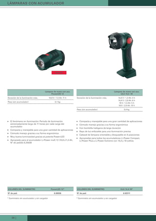 36 |
Lámpara de mano con acu.
PowerLed 12
Duración de la iluminación máx. 10,8 V / 1,5 Ah: 11 h
Peso (sin acumulador) 0,1 kg
El fenómeno en iluminación: Período de iluminación„„
extremadamente largo de 11 horas por cada carga del
acumulador
Compacta y manejable para una gran cantidad de aplicaciones„„
Cómodo manejo gracias a su forma ergonómica„„
Muy buena luminosidad gracias al potente Power-LED„„
Apropiado para el acumulador Li-Power maX 12 (10,8 v/1,5 Ah,„„
Nº de pedido 6.25439
voLuMen deL suMinistro PowerLed 12*
nº de ped. 6.00036
Lámpara de mano con acu.
uLa 14,4 -18
Duración de la iluminación máx. 14,4 V / 1,3 Ah: 4 h
14,4 V / 2,6 Ah: 8 h
18 V / 1,3 Ah: 5 h
18 V / 2,6 Ah: 10 h
Peso (sin acumulador) 0,4 kg
Compacta y manejable para una gran cantidad de aplicaciones„„
Cómodo manejo gracias a su forma ergonómica„„
Con bombilla halógena de larga duración„„
Rayo de luz enfocable para una iluminación precisa„„
Cabezal de lámpara orientable y bloqueable en 6 posiciones„„
Apropiadas para todos los acumuladores Li-Power Compact,„„
Li-Power Plus y Li-Power Extreme con 14,4 y 18 voltios
voLuMen deL suMinistro uLa 14.4-18*
nº de ped. 6.02311
* Suministro sin acumulador y sin cargador * Suministro sin acumulador y sin cargador
LáMParas con acuMuLador
nuevo
Kataloge_Catalogue_Tools_2011_1_es_ES_mm.indd 36 17.03.2011 13:22:31 Uhr
 