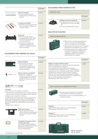 40 |
nº de ped.
Pieza de conexión
Para el acoplamiento sin„„
problemas de 2 carriles guía
6.31213
6.31211*
2 estribos de sujeción
Para fijar el carril guía 6.31213„„
sobre la pieza de trabajo o la
mesa de trabajo
6.31031*
Placa guía
Para colocar las sierras„„
circulares KSA 18 LTX, KSAP
18, KS 54 y KS 54 SP en el
carril guía 6.31213
Placa guía completa con„„
2 casquillos roscados de
aluminio montados para las
sierras circulares
6.31019
accesorios Para sierras de caLar
nº de ped.
Placa protectora
Para encajar las sierras„„
de calar sobre la placa
base. Impide rayaduras en
superficies sensibles de las
piezas de trabajo.
6.23664*
Guía en círculo y en paralelo
Para serrar círculos de„„
Ø 100 mm a Ø 360 mm y para
cortes paralelos a un borde
(distancia máxima del borde
210 mm)
6.31340*
carril guía
Perfil de aluminio estable y anodizado„„
Revestimiento antideslizante para un apoyo seguro y„„
para proteger las piezas de trabajo contra rayaduras
Regleta guía ajustable sin holgura„„
apropiado para: sierras de calar, sierras circulares de
mano y las fresadoras OFE 738 y Of E 1229 Signal
(utilizando los accesorios correspondientes; KSE 55
Vario Plus, KS 66 Plus, KSE 68 Plus, uso directo) de
Metabo
Longitud total: 1.500 mm
6.31213
dispositivo de guía
Para la utilización de las„„
sierras de calar conjuntamente
con el carril de guía 6.31250/
6.31213
6.31249
3 plaquitas protectoras contra
arranque de virutas
para: STEB 70 Quick, STEB 80
Quick, STE 90 SCS, STE 100 SCS,
STA 18 LTX, ST 50 Pendix,
STE 70, STE 80 Quick
6.31208*
accesorios Para PoWercutter
cuchilla de cortar
nº de ped.
cuchilla de cortar de doble filo
Cuchilla de cortar con tres hojas„„
rectificadas de un filo o de doble
filo
Cuchilla reafilable varias veces„„
6.24579*
MaLetín de PLástico
Maletín de plástico Mc 20
Maletín de un material especialmente„„
robusto y cierres de metal estables
preven una larga vida útl del maletín.
Empuñadura optimizada para transportar„„
fácilmente dos maletines en una mano
Extensión opcional del maletín gracias„„
a los boxes accesorios "PlusBox R" y
"PlusBox L" (accesorios). Hasta dos
PlusBoxes pueden ser colocadas
lateralmente en el maletín.
nº de ped.
Maletín de plástico Mc 20 neutral
Maletín de plástico con relleno de espuma perforado
para una organización individual.
Para taladradoras y taladradoras de percusión,
taladradoras atornilladoras con acu., taladradoras de
percusión con acu., martillos de percusión, martillos
combinados, martillos multiuso (clase 2-3 kg) de
Metabo, todas las amoladoras angulares de Metabo
(red + de acu.) hasta discos de Ø 125 mm, fresadora de
barniz, sierras de sable, atornilladores, ...
Dimensiones: 495 x 320 x 132 mm
6.23854
boxes accesorios para maletín Mc 10 / Mc 20
Box accesorio de plástico para guardar„„
individualmente diferentes accesorios
Equipado en serie con tres separadores y un„„
soporte de pared
nº de ped.
Plusbox L
especialmente para colocar en el lado izquierdo
Dimensiones: 116 x 320 x 112 mm
6.23851
Plusbox r
especialmente para colocar en el lado derecho
Dimensiones: 116 x 320 x 112 mm
6.23852
Maletín de plástico
Mc 10 / Mc 20
* Embalado para autoservicio
Kataloge_Catalogue_Tools_2011_1_es_ES_mm.indd 40 17.03.2011 13:22:54 Uhr
 