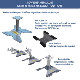 NOVALÍNEA METAL LUXE
Líneas de anclaje ref. ESTELA – ONA - CART
Postes abatibles para fijación de dispositivos: (Cubiertas de chapa)
Ref. POSTE 121
Poste abatible con peana universal de acero
inoxidable AISI 316 para fijación de anclajes.
Placa superior 128*128*8 mm
Poste abatible:
Tratamiento para estanqueidad
Poste abatible
comportamiento frente a
esfuerzos dinámicos
1
2
3
 