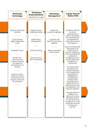 15
Workshops
Technology
Workshops
Management
Trabajo Final de
Máster (TFM)
Big Data  Business
Analytics
Conectividad
digital: Wearables
 IOT
Realidad Virtual
Blockchain:
Técnicas para
construir casos de
uso reales de
blockchain en la
industria
Qué es y cómo
impacta el Cloud
Computing en el
negocio actual de
las empresas
Digital business
model generation
Agile Project
Management
Growth Hacking
Positioning and
APS monetization
Gestión de
proyectos digitales
La gestión del
talento en entornos
digitales
Digital corporate
comunication
El objetivo del TFM
es dar la
oportunidad al
alumno de aplicar
los conocimientos
y la experiencia
adquiridos durante
el programa.
Durante el desarrollo
del proyecto se
espera que el
alumno trabaje de
forma autodidacta
y aprenda a
autogestionar con
apoyo del ámbito
académico y
profesional.
Las tareas están
basadas en el
trabajo individual,
con el objetivo de
desarrollar las
habilidades y
competencias
profesionales
requeridas para
implementar con
éxito proyectos de
investigación y de
negocios digitales.
Para garantizar la
calidad en la
ejecución y en el
resultado del TFM,
a cada alumno se
le asignará un tutor
dedicado durante
el transcurso
del TFM.
Workshops
Emprendimiento
Impartidos en inglés
 