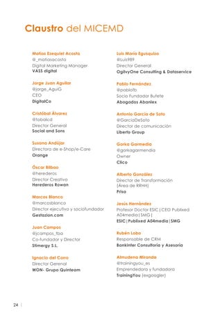 24
Matías Ezequiel Acosta
@_matiasacosta
Digital Marketing Manager
VASS digital
Jorge Juan Aguilar
@jorge_AguiG
CEO
DigitalCo
Cristóbal Álvarez
@tobalcd
Director General
Social and Sons
Susana Andújar
Directora de e-Shop/e-Care
Orange
Óscar Bilbao
@herederos
Director Creativo
Herederos Rowan
Marcos Blanco
@marcosblanco
Director ejecutivo y sociofundador
Gestazion.com
Juan Campos
@jcampos_tba
Co-fundador y Director
Stimergy S.L.
Ignacio del Corro
Director Gerenal
WON- Grupo Quinteam
Luis María Egusquiza
@Luis989
Director General
OgilvyOne Consulting  Dataservice
Pablo Fernández
@pablofb
Socio Fundador Bufete
Abogados Abanlex
Antonio García de Soto
@GarciaDeSoto
Director de comunicación
Liberto Group
Gorka Garmedia
@gorkagarmendia
Owner
Clico
Alberto González
Director de Transformación
(Área de RRHH)
Prisa
Jesús Hernández
Profesor Doctor ESIC|CEO Publixed
A04media|SMG|
ESIC|Publixed A04media|SMG
Rubén Lobo
Responsable de CRM
Bankinter Consultoría y Asesoría
Almudena Miranda
@trainingyou_es
Emprendedora y fundadora
TrainingYou (exgoogler)
Claustro del MICEMD
 