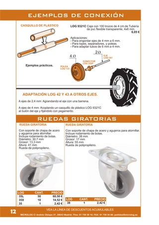 MICROLOG C/ Andrés Obispo 37, 28043 Madrid; Tfno: 91 759 59 10; FAX: 91 759 54 80; pedidos@microlog.es
VEA LA LÍNEA DE DESCUENTOS ACUMULABLES
12
EJEMPLOS DE CONEXIÓN
LOG 9321C Caja con 100 trozos de 4 cm de Tubería
de pvc flexible transparente, 4x6 mm.
6,05 €
Aplicaciones:
- Para engordar ejes de 4 mm a 6 mm.
- Para topes, separadores, y poleas.
- Para adaptar tubos de 6 mm a 4 mm.
ADAPTACIÓN LOG 42 Y 43 A OTROS EJES.
A ejes de 2,4 mm: Agrandando el eje con una barrena.
A ejes de 4 mm: Acoplando un casquillo de plástico LOG 9321C
al bulón del eje y fijándolo con pegamento.
RUEDA GIRATORIA
Con soporte de chapa de acero
y agujeros para atornillar.
Incluye rodamiento de bolas.
Diámetro: 30,7 mm
Grosor: 13,3 mm
Altura: 41 mm
Rueda de polipropileno.
CASQUILLO DE PLÁSTICO
Ejemplos prácticos.
RUEDA GIRATORIA
Con soporte de chapa de acero y agujeros para atornillar.
Incluye rodamiento de bolas.
Diámetro: 38 mm
Grosor: 17 mm
Altura: 55 mm
Rueda de polipropileno.
POLEA
LOG 133
CONECTOR
LOG 222P
EJE
LOG 201
LOG CANT. PRECIO
35L 50 60,50 €
35X 10 14,52 €
35 1 2,42 €
LOG CANT. PRECIO
38 1 2,42 €
RUEDAS GIRATORIAS
 