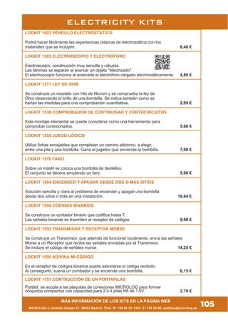 MICROLOG C/ Andrés Obispo 37, 28043 Madrid; Tfno: 91 759 59 10; FAX: 91 759 54 80; pedidos@microlog.es
MÁS INFORMACIÓN DE LOS KITS EN LA PÁGINA WEB
ELECTRICITY KITS
105
LOGKIT 1503 PÉNDULO ELECTROSTÁTICO
Podrá hacer fácilmente las experiencias clásicas de electrostática con los
materiales que se incluyen. 6,40 €
LOGKIT 1505 ELECTROSCOPIO Y ELECTRÓFORO
Electroscopio, construcción muy sencilla y robusta.
Las láminas se separan al acercar un objeto "electrizado".
El electroscopio funciona al acercarle el electróforo cargado electrostáticamente. 4,80 €
LOGKIT 1577 LEY DE OHM
Se construye un reostato con hilo de Nicrom y se comprueba la ley de
Ohm observando el brillo de una bombilla. Se indica también como se
harían las medidas para una comprobación cuantitativa. 2,95 €
LOGKIT 1538 COMPROBADOR DE CONTINUIDAD Y CORTOCIRCUITOS
Este montaje elemental se puede considerar como una herramienta para
comprobar conexionados. 5,60 €
LOGKIT 1555 JUEGO LÓGICO
Utiliza fichas encajables que completan un camino eléctrico, a elegir,
entre una pila y una bombilla. Gana el jugador que enciende la bombilla. 7,00 €
LOGKIT 1570 FARO
Sobre un mástil se coloca una bombilla de destellos.
El conjunto se decora simulando un faro. 5,90 €
LOGKIT 1584 ENCENDER Y APAGAR DESDE DOS O MÁS SITIOS
Solución sencilla y clara al problema de encender y apagar una bombilla
desde dos sitios o más en una instalación. 16,64 €
LOGKIT 1594 CÓDIGOS BINARIOS
Se construye un contador binario que codifica hasta 7.
Las señales binarias se trasmiten al receptor de códigos. 9,98 €
LOGKIT 1593 TRANSMISOR Y RECEPTOR MORSE
Se construye un Transmisor, que además de funcionar localmente, envía las señales
Morse a un Receptor que recibe las señales enviadas por el Transmisor.
Se incluye el código de señales morse. 14,25 €
LOGKIT 1595 ADIVINA MI CÓDIGO
En el receptor de códigos binarios puede adivinarse el código recibido.
Al conseguirlo, suena un zumbador y se enciende una bombilla. 6,15 €
LOGKIT 1751 CONTRUCCIÓN DE UN PORTAPILAS
Portátil, se acopla a las plaquitas de conexiones MICROLOG para formar
conjuntos compactos con capacidad para 2 ó 4 pilas R6 de 1,5V. 2,78 €
 
