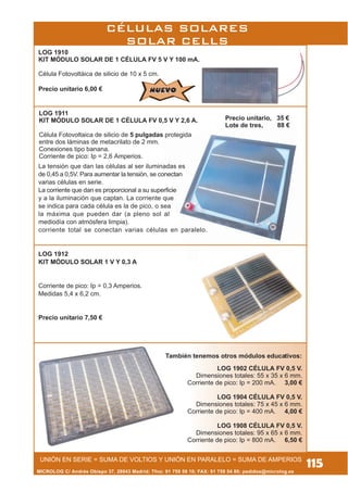 MICROLOG C/ Andrés Obispo 37, 28043 Madrid; Tfno: 91 759 59 10; FAX: 91 759 54 80; pedidos@microlog.es
115
LOG 1902 CÉLULA FV 0,5 V.
Dimensiones totales: 55 x 35 x 6 mm.
Corriente de pico: Ip = 200 mA. 3,00 €
LOG 1904 CÉLULA FV 0,5 V.
Dimensiones totales: 75 x 45 x 6 mm.
Corriente de pico: Ip = 400 mA. 4,00 €
LOG 1908 CÉLULA FV 0,5 V.
Dimensiones totales: 95 x 65 x 6 mm.
Corriente de pico: Ip = 800 mA. 6,50 €
LOG 1912
KIT MÓDULO SOLAR 1 V Y 0,3 A
Corriente de pico: Ip = 0,3 Amperios.
Medidas 5,4 x 6,2 cm.
Precio unitario 7,50 €
La tensión que dan las células al ser iluminadas es
de 0,45 a 0,5V. Para aumentar la tensión, se conectan
varias células en serie.
La corriente que dan es proporcional a su superficie
y a la iluminación que captan. La corriente que
se indica para cada célula es la de pico, o sea
la máxima que pueden dar (a pleno sol al
mediodía con atmósfera limpia).
corriente total se conectan varias células en paralelo.
LOG 1911
KIT MÓDULO SOLAR DE 1 CÉLULA FV 0,5 V Y 2,6 A.
Célula Fotovoltaica de silicio de 5 pulgadas protegida
entre dos láminas de metacrilato de 2 mm.
Conexiones tipo banana.
Corriente de pico: Ip = 2,6 Amperios.
Precio unitario, 35 €
Lote de tres, 88 €
También tenemos otros módulos educativos:
UNIÓN EN SERIE = SUMA DE VOLTIOS Y UNIÓN EN PARALELO = SUMA DE AMPERIOS
CÉLULAS SOLARES
SOLAR CELLS
LOG 1910
KIT MÓDULO SOLAR DE 1 CÉLULA FV 5 V Y 100 mA.
Célula Fotovoltáica de silicio de 10 x 5 cm.
Precio unitario 6,00 € NUEVONUEVO
 