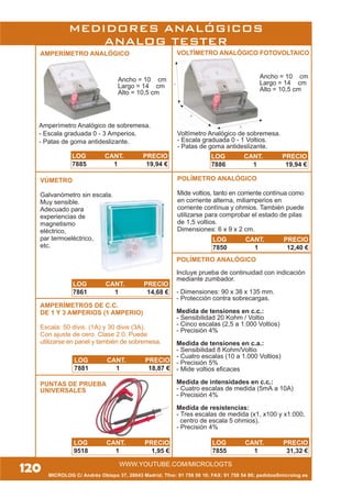 MICROLOG C/ Andrés Obispo 37, 28043 Madrid; Tfno: 91 759 59 10; FAX: 91 759 54 80; pedidos@microlog.es
POLÍMETRO ANALÓGICO
Mide voltios, tanto en corriente contínua como
en corriente alterna, miliamperios en
corriente contínua y ohmios. También puede
utilizarse para comprobar el estado de pilas
de 1,5 voltios.
Dimensiones: 6 x 9 x 2 cm.
AMPERÍMETRO ANALÓGICO
Amperímetro Analógico de sobremesa.
- Escala graduada 0 - 3 Amperios.
- Patas de goma antideslizante.
Ancho = 10 cm
Largo = 14 cm
Alto = 10,5 cm
AMPERÍMETROS DE C.C.
DE 1 Y 3 AMPERIOS (1 AMPERIO)
Escala: 50 divis. (1A) y 30 divis (3A).
Con ajuste de cero. Clase 2.0. Puede
utilizarse en panel y también de sobremesa.
A
B
C
Ancho = 10 cm
Largo = 14 cm
Alto = 10,5 cm
VOLTÍMETRO ANALÓGICO FOTOVOLTAICO
Voltímetro Analógico de sobremesa.
- Escala graduada 0 - 1 Voltios.
- Patas de goma antideslizante.
VÚMETRO
Galvanómetro sin escala.
Muy sensible.
Adecuado para
experiencias de
magnetismo
eléctrico,
par termoeléctrico,
etc.
PUNTAS DE PRUEBA
UNIVERSALES
POLÍMETRO ANALÓGICO
Incluye prueba de continuidad con indicación
mediante zumbador.
- Dimensiones: 90 x 38 x 135 mm.
- Protección contra sobrecargas.
Medida de tensiones en c.c.:
- Sensibilidad 20 Kohm / Voltio
- Cinco escalas (2,5 a 1.000 Voltios)
- Precisión 4%
Medida de tensiones en c.a.:
- Sensibilidad 8 Kohm/Voltio
- Cuatro escalas (10 a 1.000 Voltios)
- Precisión 5%
- Mide voltios eficaces
Medida de intensidades en c.c.:
- Cuatro escalas de medida (5mA a 10A)
- Precisión 4%
Medida de resistencias:
- Tres escalas de medida (x1, x100 y x1.000,
centro de escala 5 ohmios).
- Precisión 4%
120 WWW.YOUTUBE.COM/MICROLOGTS
MEDIDORES ANALÓGICOS
ANALOG TESTER
LOG CANT. PRECIO
7885 1 19,94 €
LOG CANT. PRECIO
7886 1 19,94 €
LOG CANT. PRECIO
7861 1 14,68 €
LOG CANT. PRECIO
7881 1 18,87 €
LOG CANT. PRECIO
9518 1 1,95 €
LOG CANT. PRECIO
7850 1 12,40 €
LOG CANT. PRECIO
7855 1 31,32 €
 