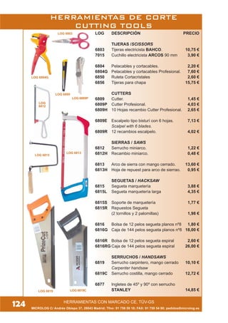 MICROLOG C/ Andrés Obispo 37, 28043 Madrid; Tfno: 91 759 59 10; FAX: 91 759 54 80; pedidos@microlog.es
124 HERRAMIENTAS CON MARCADO CE, TÜV-GS
LOG
6812
LOG 6819CLOG 6819
LOG DESCRIPCIÓN PRECIO
TIJERAS /SCISSORS
6803 Tijeras electricista BAHCO. 10,75 €
7015 Cuchillo electricista ARCOS 90 mm 3,90 €
6804 Pelacables y cortacables. 2,20 €
6804G Pelacables y cortacables Profesional. 7,60 €
6850 Ruleta Cortacristales 2,60 €
6856 Tijeras para chapa 15,75 €
CUTTERS
6809 Cutter. 1,45 €
6809P Cutter Profesional. 4,03 €
6809H 10 Hojas recambio Cutter Profesional. 2,65 €
6809E Escalpelo tipo bisturí con 6 hojas. 7,13 €
Scalpel with 6 blades.
6809R 12 recambios escalpelo. 4,02 €
SIERRAS / SAWS
6812 Serrucho miniarco. 1,22 €
6812H Recambio miniarco. 0,48 €
6813 Arco de sierra con mango cerrado. 13,60 €
6813H Hoja de repuest para arco de sierrao. 0,95 €
SEGUETAS / HACKSAW
6815 Segueta marquetería 3,88 €
6815L Segueta marquetería larga 4,35 €
6815S Soporte de marquetería 1,77 €
6815R Repuestos Segueta
(2 tornillos y 2 palomillas) 1,98 €
6816 Bolsa de 12 pelos segueta planos nº8 1,80 €
6816G Caja de 144 pelos segueta planos nº8 18,00 €
6816R Bolsa de 12 pelos segueta espiral 2,60 €
6816RG Caja de 144 pelos segueta espiral 26,00 €
SERRUCHOS / HANDSAWS
6819 Serrucho carpintero, mango cerrado 10,10 €
Carpenter handsaw
6819C Serrucho costilla, mango cerrado 12,72 €
6877 Ingletes de 45º y 90º con serrucho
STANLEY 14,85 €
HERRAMIENTAS DE CORTE
CUTTING TOOLS
LOG 6804G
LOG 6809
LOG 6803
LOG 6809P
LOG 6813
LOG 6815
 
