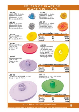 15VEA LA LÍNEA DE DESCUENTOS ACUMULABLES
MICROLOG C/ Andrés Obispo 37, 28043 Madrid; Tfno: 91 759 59 10; FAX: 91 759 54 80; pedidos@microlog.es
POLEAS MEDIANAS / MEDIUM PULLEYS:
CANT. PRECIO
Caja (L) 50 17,00 €
Bolsa (X) 10 4,10 €
Sueltas 1 0,68 €
LOG 122
Módulo 1, 10 dientes
Diámetro útil 16 mm.
Diámetro ext.17 mm.
Gira en ejes de 3 mm
LOG 115
Módulo 0,75. 10 dientes
Diámetro útil 12 mm.
Diámetro ext. 18 mm.
Gira en ejes de 3 mm.
LOG 118
Módulo 0,75. 10 dientes
Diámetro útil 15 mm.
Diámetro ext. 17 mm.
Gira en ejes de 2,4 mm.
LOG 127
Módulo 0,75, 10 dientes
Diámetro útil 27 mm.
Diámetro ext. 30 mm.
Gira en ejes de 3 mm.
LOG 133
Diámetro útil 29 mm.
y ext. 33 mm.
Gira en ejes de 4 mm.
LOG 142
Diámetro útil 40 mm
y ext. 46 mm.
Encaja en ejes
de 4 mm.
LOG 155
Diámetro útil 52 mm
y ext. 55 mm.
Con agujero central
de 12 mm que encaja
con las poleas
LOG 152 y LOG 133
para formar poleas
dobles pegándolas.LOG 149
Diámetro útil 46 mm
y ext. 49 mm.
Encaja en ejes
de 4 mm.
LOG 152
Diámetro útil 49 mm y ext. 52 mm.
Gira en ejes de 4 mm.
POLEAS DE PLÁSTICO
PLASTIC PULLEYS
POLEAS PEQUEÑAS / SMALL PULLEYS:
(Iguales) CANT. PRECIO
Caja (L) 50 13,00 €
Bolsa (X) 10 3,12 €
Sueltas 1 0,52 €
POLEAS GRANDES / LARGE PULLEYS:
(Iguales) CANT. PRECIO
Caja (L) 50 21,00 €
Bolsa (X) 10 5,04 €
Sueltas 1 0,84 €
LOG 156
Diámetro útil 54 mm y ext. 57 mm.
Encaja en ejes de 4 mm.
POLEAS MEDIANAS / MEDIUM PULLEYS:
(Iguales) CANT. PRECIO
Caja (L) 50 17,00 €
Bolsa (X) 10 4,10 €
Sueltas 1 0,68 €
 