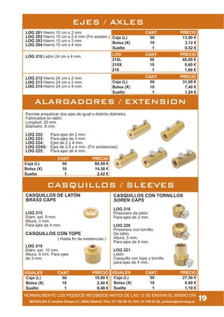 CASQUILLOS DE LATÓN
BRASS CAPS
LOG 215
Diám. ext. 9 mm.
Altura, 3 mm.
Para ejes de 4 mm.
LOG 210 Latón 24 cm x 4 mm.
LOG 201 Hierro 10 cm x 2 mm
LOG 202 Hierro 10 cm x 2,4 mm (Fin existen.)
LOG 203 Hierro 10 cm x 3 mm
LOG 204 Hierro 10 cm x 4 mm
NORMALMENTE LOS PEDIDOS RECIBIDOS ANTES DE LAS 12 SE ENVIAN EL MISMO DÍA
MICROLOG C/ Andrés Obispo 37, 28043 Madrid; Tfno: 91 759 59 10; FAX: 91 759 54 80; pedidos@microlog.es
( Hasta fin de existencias )
CASQUILLOS CON TORNILLOS
SOREN CAPS
LOG 218
Prisionero de latón
Para ejes de 2 mm.
LOG 220
Prisionero con tornillo.
De latón.
Altura, 5 mm.
Para ejes de 4 mm.
LOG 221
Latón
Casquillo con tope y tornillo
para ejes de 4 mm.
CASQUILLOS CON TOPE
LOG 219
Diám. ext. 10 mm.
Altura, 9 mm. Para ejes
de 3 mm.
19
ALARGADORES / EXTENSION
Permite empalmar dos ejes de igual o distinto diámetro.
Fabricados en latón.
Longitud: 20 mm.
Diámetro: 8 mm.
LOG 222: Para ejes de 2 mm.
LOG 223: Para ejes de 3 mm.
LOG 224: Ejes de 2 y 4 mm.
LOG 224G: Ejes de 2,4 y 4 mm. (Fin existencias)
LOG 225: Para ejes de 4 mm.
EJES / AXLES
CASQUILLOS / SLEEVES
CANT. PRECIO
Caja (L) 50 13,00 €
Bolsa (X) 10 3,12 €
Suelto 1 0,52 €
CANT. PRECIO
Caja (L) 50 31,00 €
Bolsa (X) 10 7,40 €
Suelto 1 1,24 €
CANT. PRECIO
Caja (L) 50 60,50 €
Bolsa (X) 10 14,50 €
Suelto 1 2,42 €
LOG 212 Hierro 24 cm x 2 mm.
LOG 213 Hierro 24 cm x 3 mm.
LOG 214 Hierro 24 cm x 4 mm.
IGUALES CANT. PRECIO
Caja (L) 50 27,50 €
Bolsa (X) 10 6,60 €
Suelta 1 1,10 €
IGUALES CANT. PRECIO
Caja (L) 50 10,00 €
Bolsa (X) 10 2,40 €
Suelto 1 0,40 €
LOG CANT. PRECIO
210L 50 40,00 €
210X 10 9,60 €
210 1 1,60 €
 
